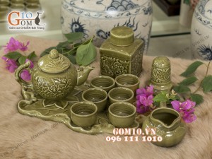 Bộ ấm chén men rêu khắc sen, khay lá sen đầy đủ phụ kiện
