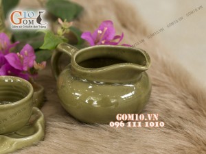 Bộ ấm chén men rêu khắc sen, khay lá sen đầy đủ phụ kiện