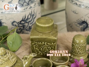 Bộ ấm chén men rêu khắc sen, khay lá sen đầy đủ phụ kiện