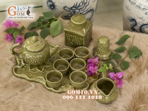 Bộ ấm chén men rêu khắc sen, khay lá sen đầy đủ phụ kiện