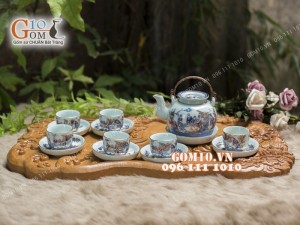 Bộ ấm chén men rong cổ họa tiết Trúc Lâm Thất Hiền 350ml - vẽ Vàng 24k