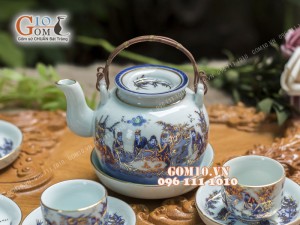 Bộ ấm chén men rong cổ họa tiết Trúc Lâm Thất Hiền 350ml - vẽ Vàng 24k