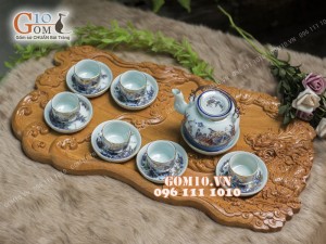 Bộ ấm chén men rong cổ họa tiết Trúc Lâm Thất Hiền 350ml - vẽ Vàng 24k