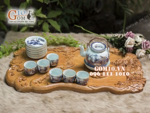 Bộ ấm chén men rong cổ họa tiết Trúc Lâm Thất Hiền 350ml - vẽ Vàng 24k