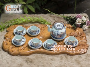 Bộ ấm chén men rong cổ họa tiết Trúc Lâm Thất Hiền 350ml - vẽ Vàng 24k