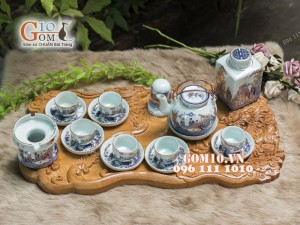 Bộ ấm chén men rong cổ họa tiết Trúc Lâm Thất Hiền 350ml, đầy đủ phụ kiện - vẽ Vàng 24k