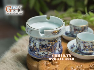 Bộ ấm chén men rong cổ họa tiết Trúc Lâm Thất Hiền 350ml, đầy đủ phụ kiện - vẽ Vàng 24k