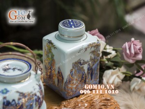 Bộ ấm chén men rong cổ họa tiết Trúc Lâm Thất Hiền 350ml, đầy đủ phụ kiện - vẽ Vàng 24k