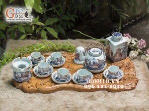 Bộ ấm chén men rong cổ họa tiết Trúc Lâm Thất Hiền 350ml, đầy đủ phụ kiện - vẽ Vàng 24k