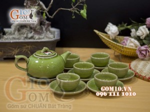 Bộ ấm chén men thủy tinh đắp nổi hình Cá