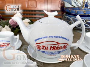 Bộ ấm chén men trắng dáng bưởi cành - in logo