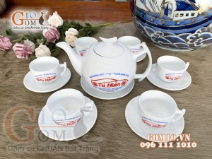 Bộ ấm chén men trắng dáng bưởi cành - in logo