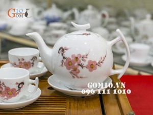 Bộ ấm chén men trắng Dáng Bưởi Cành Vẽ Cành Đào 500ml