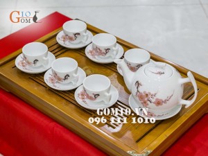 Bộ ấm chén men trắng Dáng Bưởi Cành Vẽ Cành Đào 500ml