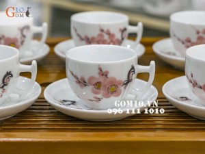 Bộ ấm chén men trắng Dáng Bưởi Cành Vẽ Cành Đào 500ml