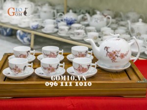 Bộ ấm chén men trắng Dáng Bưởi Cành Vẽ Cành Đào 500ml