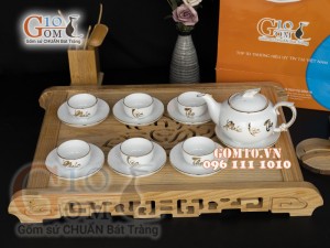 Bộ ấm chén men trắng Phúc Lộc Thọ - Khang Minh vẽ Vàng, 350ml