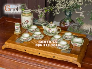 Bộ ấm chén men vuốt, dáng chóp vẽ sen, đầy đủ phụ kiện