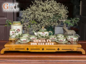 Bộ ấm chén men vuốt, dáng chóp vẽ sen, đầy đủ phụ kiện