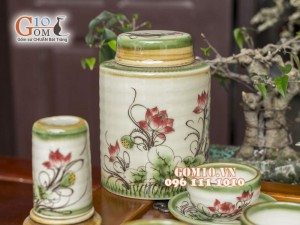Bộ ấm chén men vuốt, dáng chóp vẽ sen, đầy đủ phụ kiện