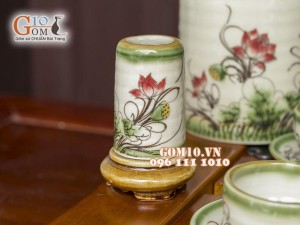 Bộ ấm chén men vuốt, dáng chóp vẽ sen, đầy đủ phụ kiện