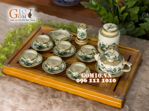 Bộ ấm chén men vuốt dáng chóp vẽ tre, bọc đồng - đầy đủ phụ kiện