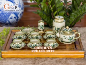 Bộ ấm chén men vuốt dáng chóp vẽ tre, bọc đồng - đầy đủ phụ kiện