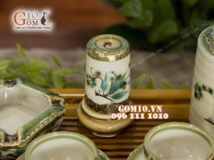 Bộ ấm chén men vuốt dáng chóp vẽ tre, bọc đồng - đầy đủ phụ kiện