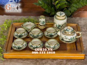 Bộ ấm chén men vuốt dáng chóp vẽ tre, bọc đồng - đầy đủ phụ kiện