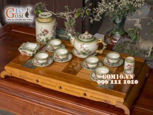 Bộ ấm chén men vuốt, dáng gốc cây vẽ sen 350ml, đầy đủ phụ kiện