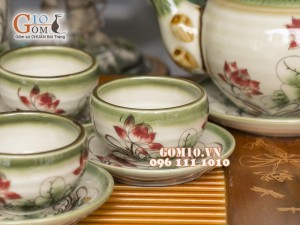 Bộ ấm chén men vuốt, dáng gốc cây vẽ sen 350ml, đầy đủ phụ kiện