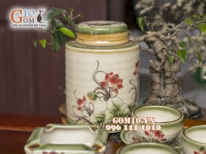 Bộ ấm chén men vuốt, dáng gốc cây vẽ sen 350ml, đầy đủ phụ kiện