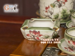 Bộ ấm chén men vuốt, dáng gốc cây vẽ sen 350ml, đầy đủ phụ kiện