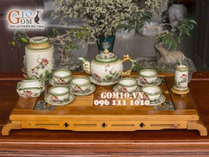 Bộ ấm chén men vuốt, dáng gốc cây vẽ sen 500ml, đầy đủ phụ kiện