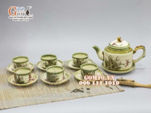 Bộ ấm chén chữ thập men vuốt, vẽ chuồn khoai 400ml