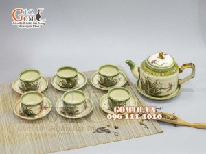 Bộ ấm chén men vuốt dáng tích chữ thập vẽ Chuồn khoai 350ml