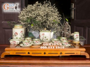 Bộ ấm chén men vuốt, dáng vại vẽ sen đầy đủ phụ kiện