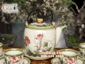 Bộ ấm chén men vuốt, dáng vại vẽ sen đầy đủ phụ kiện