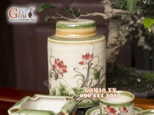Bộ ấm chén men vuốt, dáng vại vẽ sen đầy đủ phụ kiện
