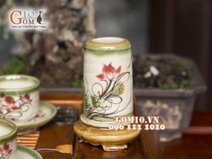 Bộ ấm chén men vuốt, dáng vại vẽ sen đầy đủ phụ kiện