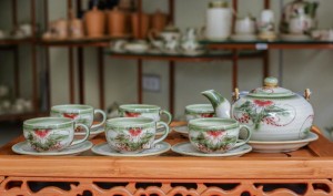 Bộ ấm chén men vuốt kiểu nhật vẽ phù dung