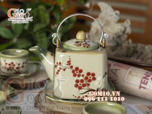 Bộ ấm chén vuông men vuốt, vẽ Đào đỏ 340ml