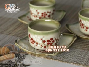 Bộ ấm chén vuông men vuốt, vẽ Đào đỏ 340ml