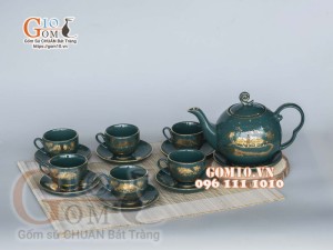 Bộ ấm chén men xanh họa tiết làng quê, vẽ vàng 500ml