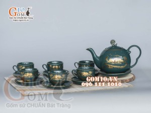Bộ ấm chén men xanh họa tiết làng quê, vẽ vàng 500ml