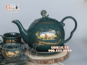 Bộ ấm chén men xanh họa tiết làng quê, vẽ vàng 500ml