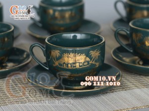 Bộ ấm chén men xanh họa tiết làng quê, vẽ vàng 500ml