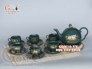 Bộ ấm chén men xanh họa tiết làng quê, vẽ vàng 500ml