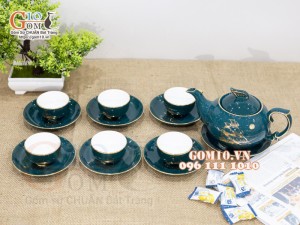 Bộ ấm chén men xanh vẽ họa tiết Thuận Buồm Xuôi Gió, 350ml