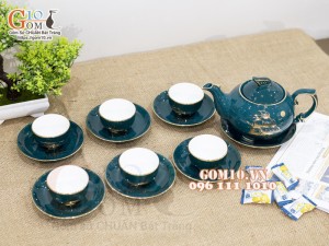 Bộ ấm chén men xanh vẽ họa tiết Thuận Buồm Xuôi Gió, 350ml